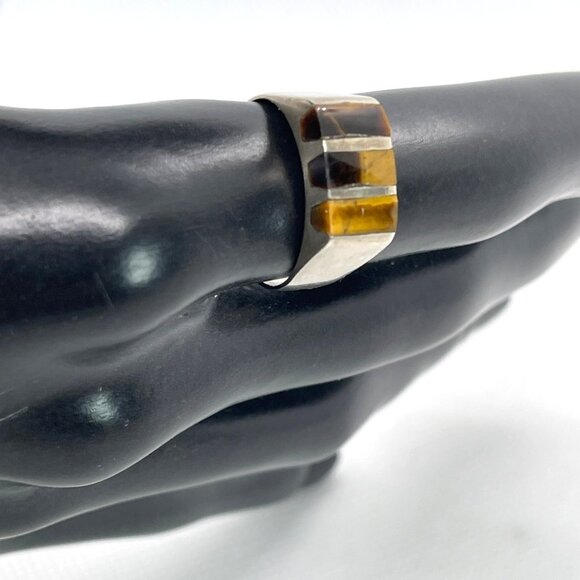 Mexico 925 Sterling Silver Tigers Eye Inlay Ring Size Handmade Signed FCV Size 7 - Picture 8 of 9